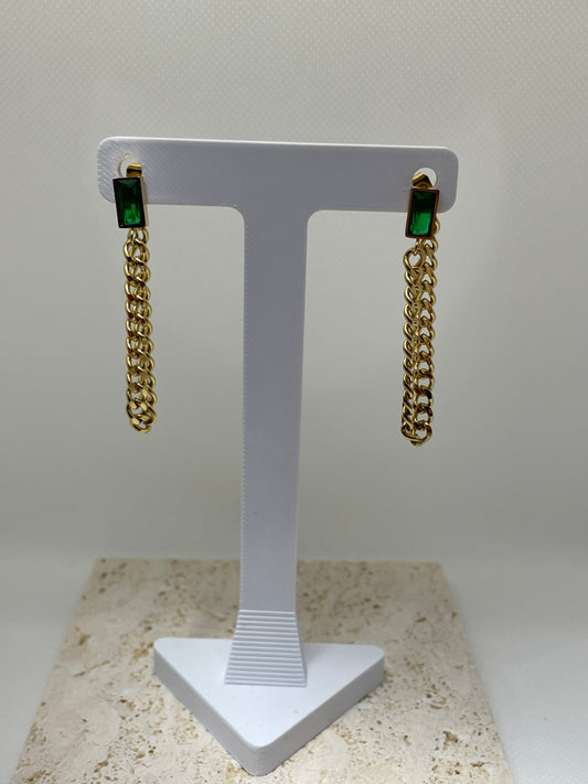 Κρεμαστά σκουλαρίκια χρυσή αλυσίδα και πράσινο zircon