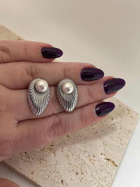 Σκουλαρίκια ασημί φτερά με πέρλα